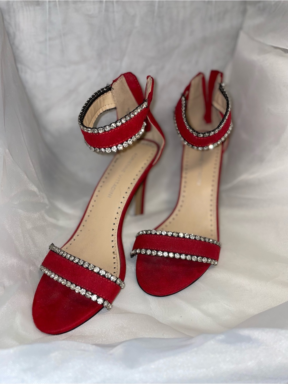 Adrienne Vittadini Heels - Red Faux Suede Rhinestone Ankle Strap Sandals 6.5M